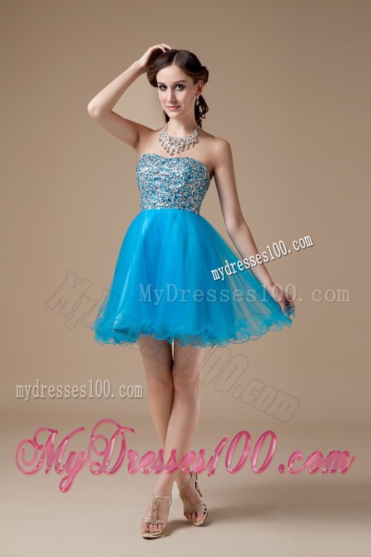Cheap Beaded Strapless Princess Mini-length Prom Dresses in Teal Organza